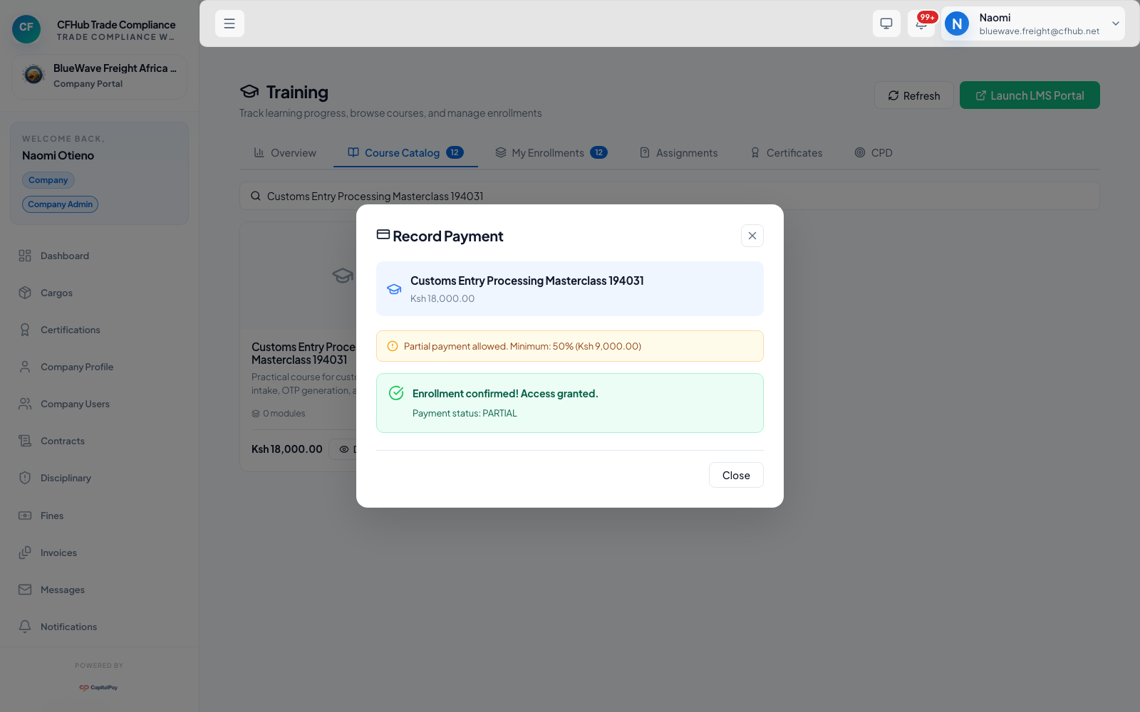 Training payment success